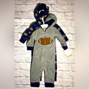 Bundle of 2 Hudson Baby Football Themed Pajamas opened feet  Sz 3-6M